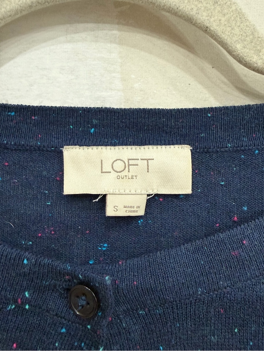 LOFT Navy Speckled Button Cardigan with Pink & Turquoise Dots